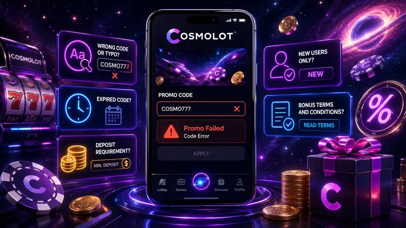Чому промокод Cosmolot не працює — прострочений код, помилка введення, мінімальний депозит не внесено, повторна активація або обмеження акаунту